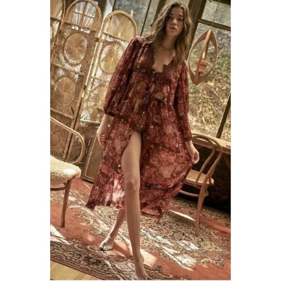 INTIMATELY FREE PEOPLE Away With Me Floral Lounge House Robe Sheer Boho Sz M/L - Picture 3 of 16
